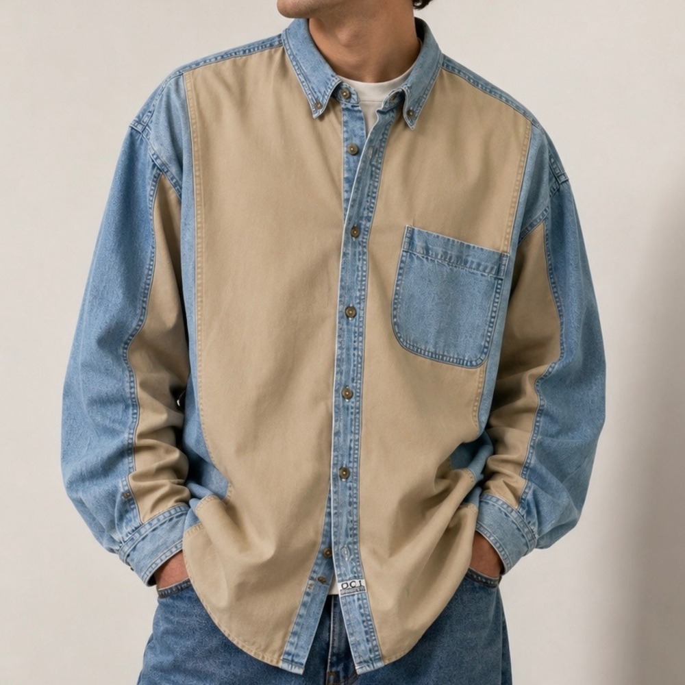 Vintage 90s Old College Inn OCI XXL Colorblock Denim Khaki Button Down Shirt